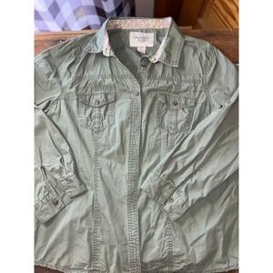 American Rag Women Olive Green Utility Button Down Shirt Floral Trim‎ 1X Cotton